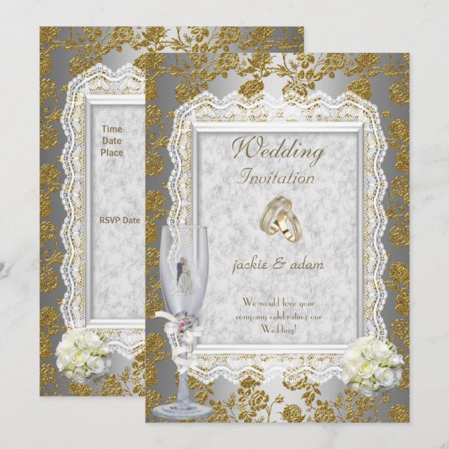 Bröllop Guld White Antique Snöre Blommigt Ringar Inbjudningar (Fram/baksida)