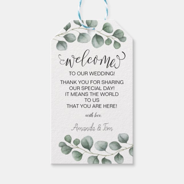 Bröllop hälsning från Grey Eucalyptus Calligraphy Presentetikett (Framsidan)