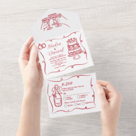 Bröllop Hand plockade Whimsical Red Inbjudan & OSA