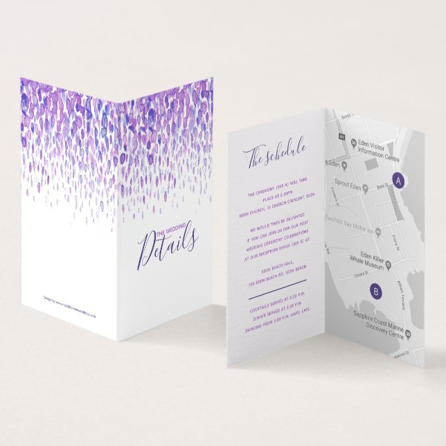 Bröllop-händelsemeddelandeinformation gäst lila sc kort (In- och utsida)