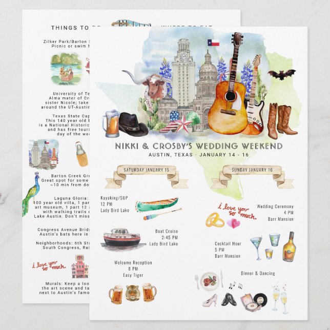Bröllop Helg Itinerary | Austin, Texas Inbjudningar (Fram/baksida)
