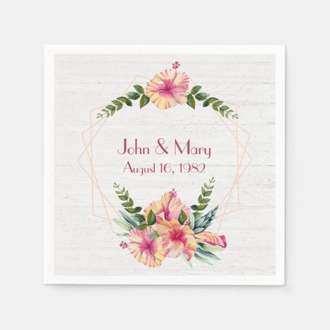 Bröllop Hibiscus Ram på Whitewashed Wood Pappersservett (Framsidan)