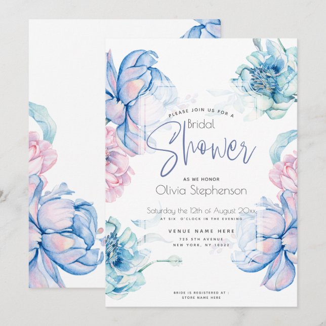 Bröllop | Himlar Blue och Bubblegum Rosa Peonies Inbjudningar (Fram/baksida)