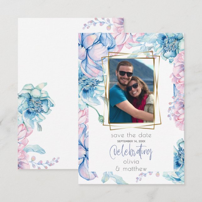 Bröllop | Himlar Blue och Bubblegum Rosa Peonies Inbjudningar (Fram/baksida)