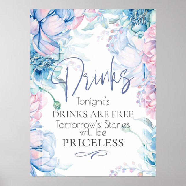 Bröllop | Himlar Blue och Bubblegum Rosa Peonies Poster (Framsidan)