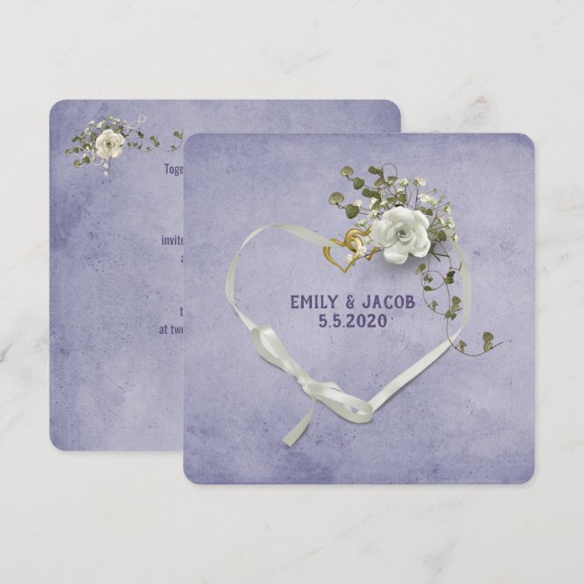 Bröllop, hjärtband och ringar med bukett med rosor inbjudningar (Fram/baksida)