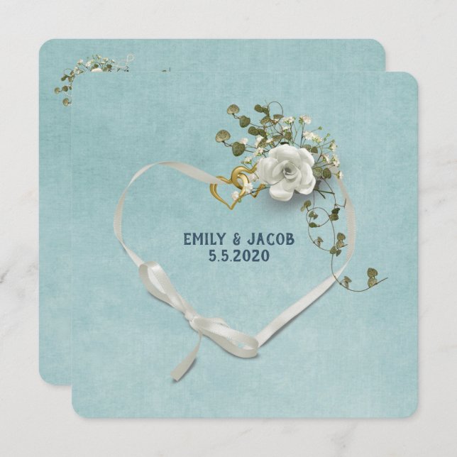 Bröllop, hjärtband och ringar med bukett med rosor inbjudningar (Fram/baksida)