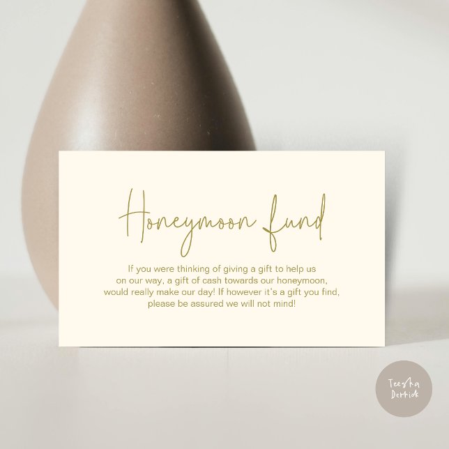Bröllop Honeymoon Fund, Modern Handskriftlig skrif Tilläggskort (Wedding Honeymoon Fund, Modern Romance Handwritten Script Enclosure Card, in Classy Gold)