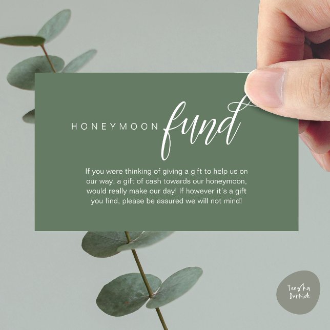 Bröllop Honeymoon Fund, Wish, Pengarar, Modern Cla Tilläggskort (Wedding Honeymoon Wish, Fund, Cash, Modern Classy Enclosure Card, Forest Sage Green Greenery)