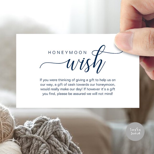 Bröllop Honeymoon Önskning, Fond, Kontanter, Moder Tilläggskort (Wedding Honeymoon Wish, Fund, Cash, Modern Classy Enclosure Card, Navy Blue)