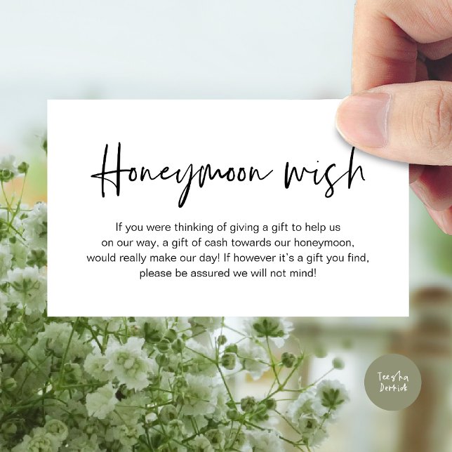 Bröllop Honeymoon Wish, bröllopsgåvor i Pengarar Tilläggskort (Wedding Honeymoon Fund, Cash Wish Modern Handwritten Script Enclosure Card White Black)