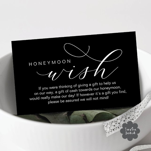 Bröllop Honeymoon Wish, fond, modernt minimum Tilläggskort (Wedding Honeymoon Fund, Wish, Cash, Modern romantic minimalist Enclosure Card in Classy Black White)