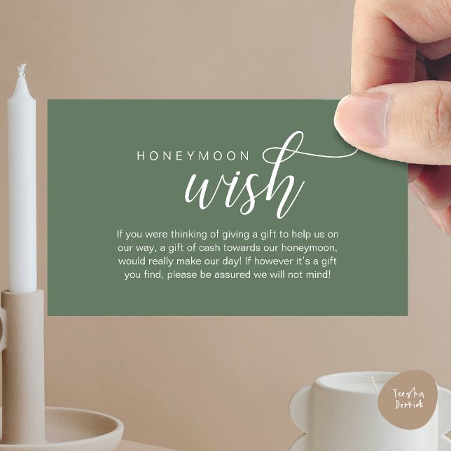 Bröllop Honeymoon Wish, Fund, Pengarar, Modern Cla Tilläggskort (Wedding Honeymoon Wish, Fund, Cash, Modern Classy Enclosure Card, Forest Sage Green Greenery)