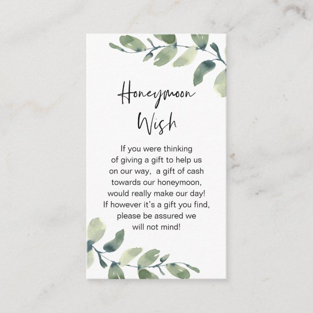 Bröllop Honeymoon Wish, Rustic Greenery Eucalyptus Tilläggskort (Framsida)