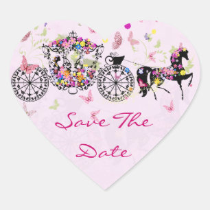 Bröllop Horse & Carriage Flowers & Butterflies Hjärtformat Klistermärke