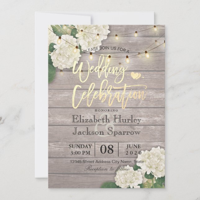 Bröllop Hydrangea Flower String Ljus Rustic Wood Inbjudningar (Framsida)