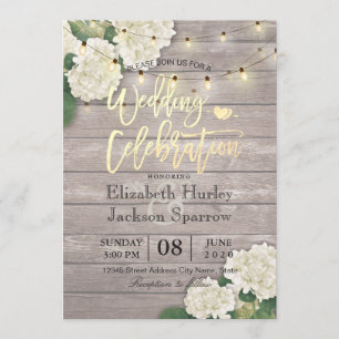 Bröllop Hydrangea Flower String Ljus Rustic Wood Inbjudningar