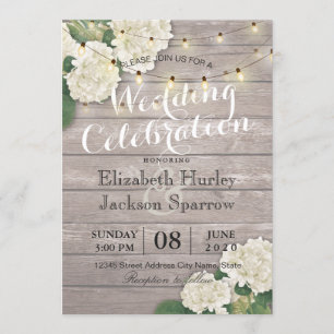 Bröllop Hydrangea Flower String Ljus Rustic Wood Inbjudningar