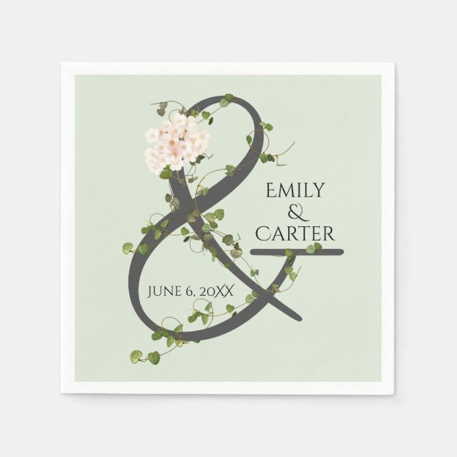 Bröllop Hydrangea och Ivy Ampersand Pappersservett (Framsidan)