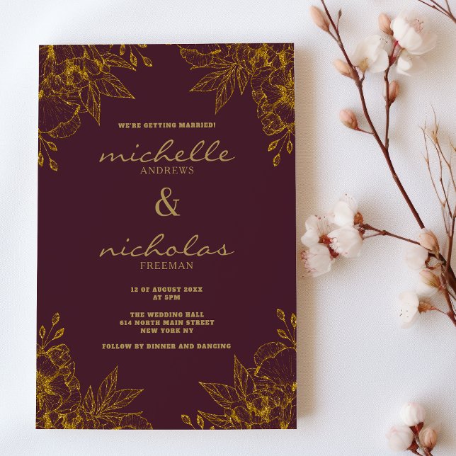 Bröllop i blommigten guld vid  glitter inbjudningar (Luxury hue burgundy gold glitter floral wedding)