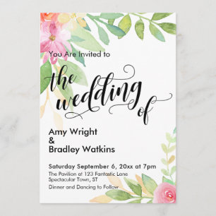 Bröllop i Calligraphy & Watercolor Flowers Inbjudningar
