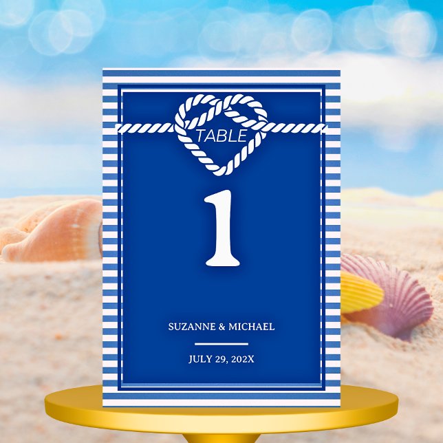 Bröllop i Nautisk marinblå Tying Knot Rand Bordsnummer (Nautical Navy Blue Tying Knot Stripes Wedding Table Number)
