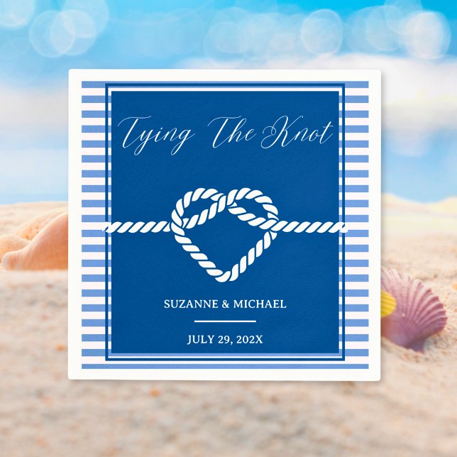 Bröllop i Nautisk marinblå Tying Knot Rand Pappersservett (Nautical Navy Blue Tying Knot Stripes Wedding Napkins)