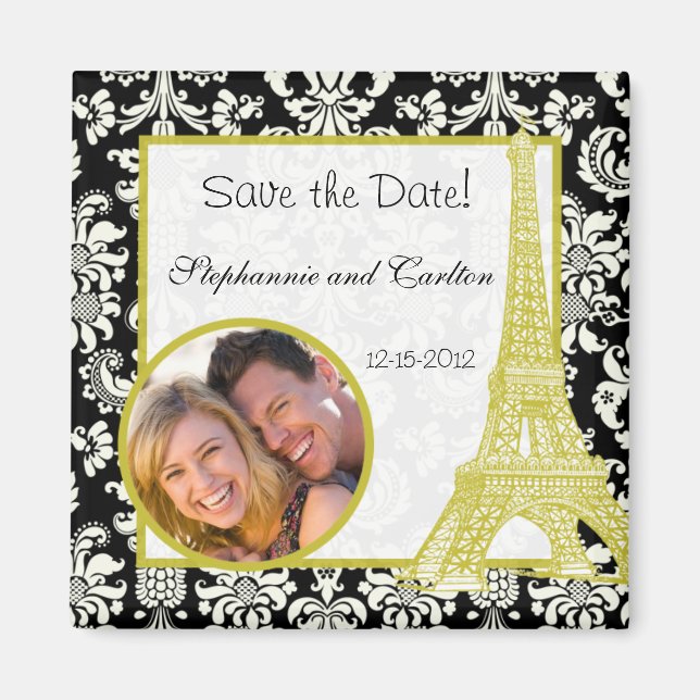 Bröllop i Paris Black Damask Announcement Magnet (Framsidan)
