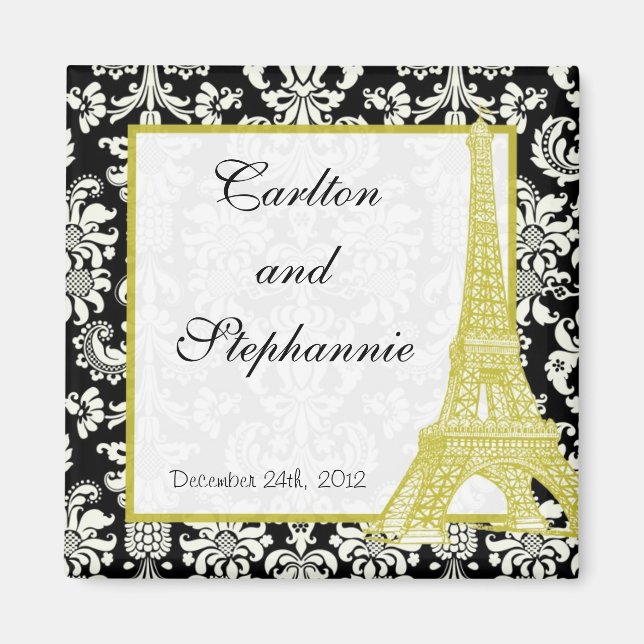 Bröllop i Paris Black Damask Magnet Favor (Framsidan)