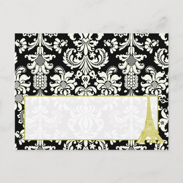 Bröllop i Paris Black Damask Writable Place Card Vykort (Framsida)