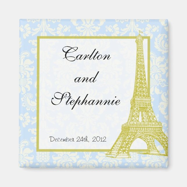 Bröllop i Paris Blue Damask Magnet Favor (Framsidan)