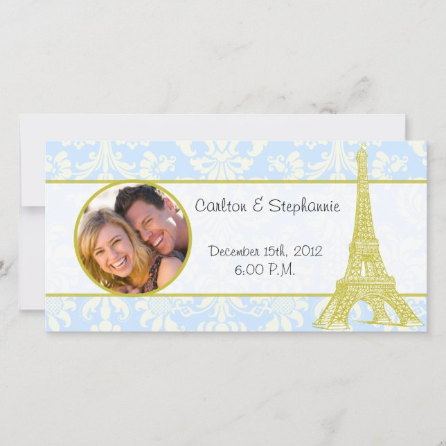 Bröllop i Paris Blue Damask Photo Announcement Meddelande (Framsida)