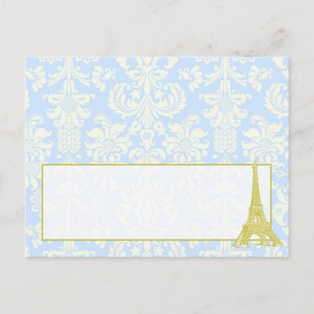 Bröllop i Paris Blue Damask Writable Place Card Vykort (Framsida)