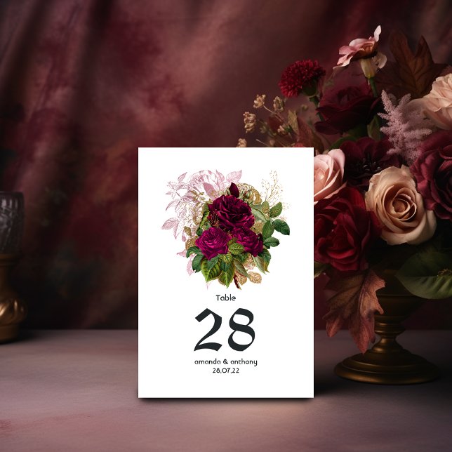 Bröllop i Rosaburgund och Guld med Shabby Chic-Ins Bordsnummer (Skapare uppladdad)