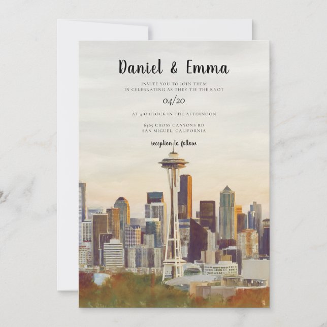 Bröllop i Seattle med akvarellmotiv Inbjudningar (Framsida)