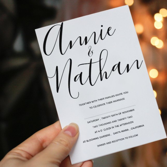 Bröllop i svartvitt, Elegant Inbjudningar (Elegant Minimalist Black and White Script Wedding Invitation)