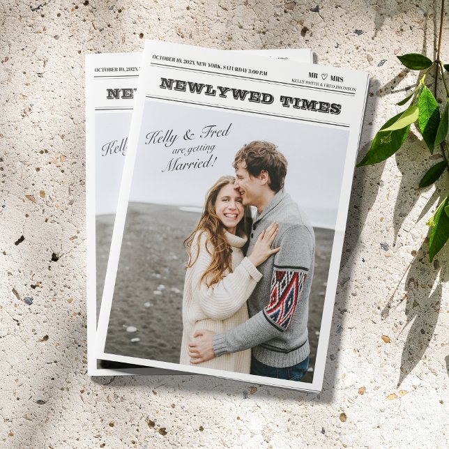 Bröllop Infografiskt informationsprogram för tidni Kort (Newspaper Wedding Program Infographic Folded)