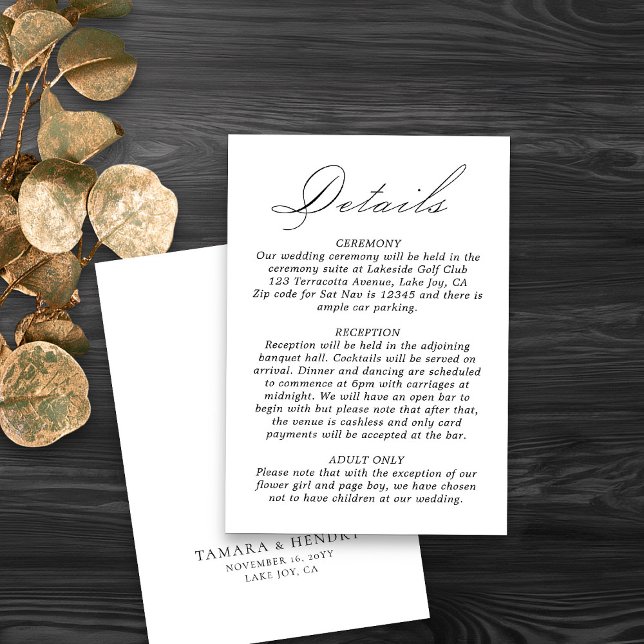 Bröllop Information Calligraphy-skript vitt Tilläggskort (Elegant and simple wedding details card in black and white from my Wedding Colors Collection)