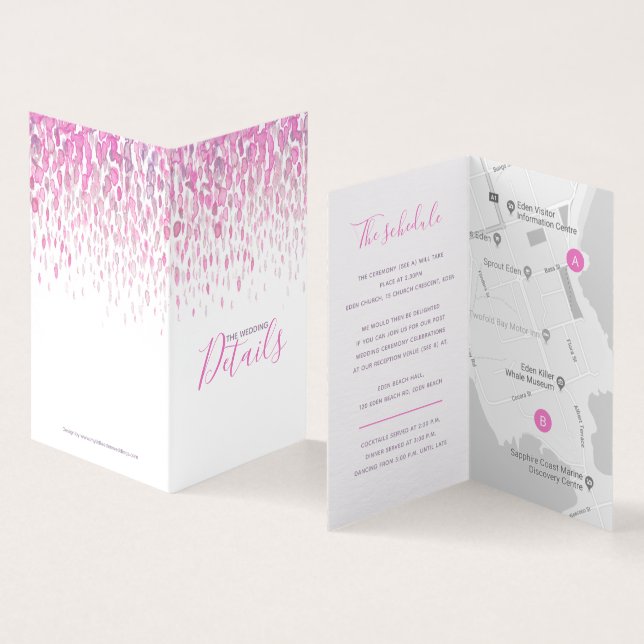 Bröllop information om rosa lila grått schema kart kort (In- och utsida)