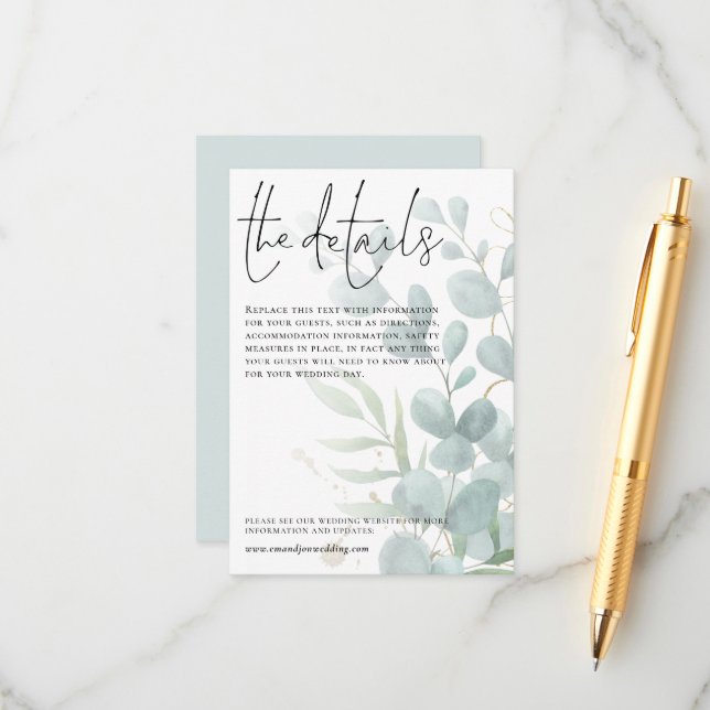 Bröllop - informationsblått eukalyptus-skript tilläggskort (Fram/Back In Situ)