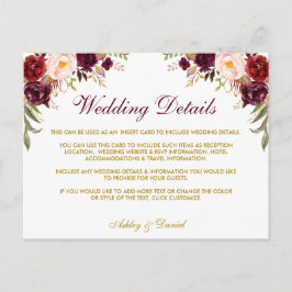 Bröllop-informationskort för Burgundy Blommigt Vykort