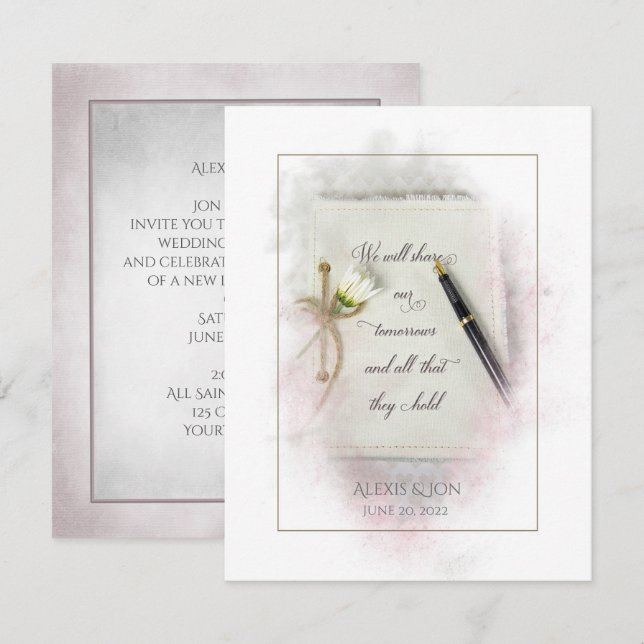 bröllop journal med fontän-penna och daisy inbjudningar (Fram/baksida)