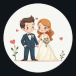 Bröllop Joy Stickers Runt Klistermärke<br><div class="desc">Roligt och charmerande perfekt för klistermärken med bröllop-teman för par,  med en tecknad brud och grav omgiven av hjärtan och blommor.</div>