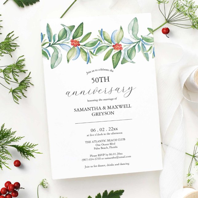 Bröllop-jubileumsinbjudningar till julfesten inbjudningar (50th Anniversary Invitations watercolor winter red berries and greenery art by Victoria Grigaliunas)