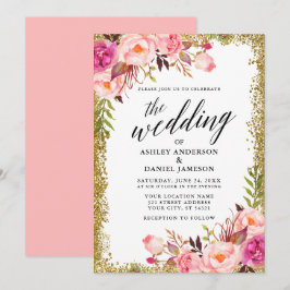 Bröllop Kalligrafi Guld Glitter Rosa Blommigt Inbjudningar