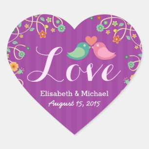 Bröllop Kärlek Heart Lila Swirl Blommigt Love bird Hjärtformat Klistermärke