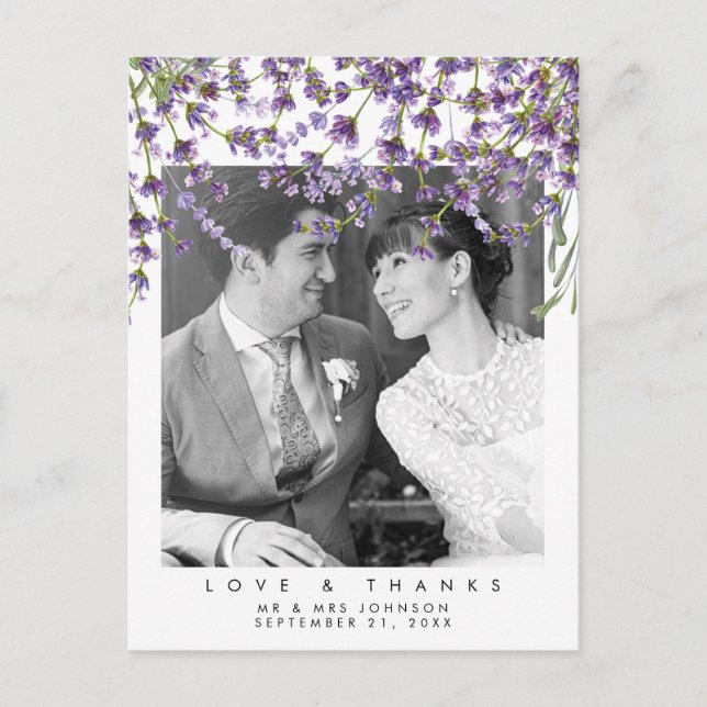 bröllop kärlek och tack vare fotovykort lavender helg vykort (Framsida)