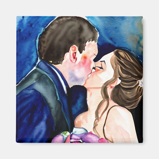 Bröllop Kiss Watercolor Art Magnet (Framsidan)