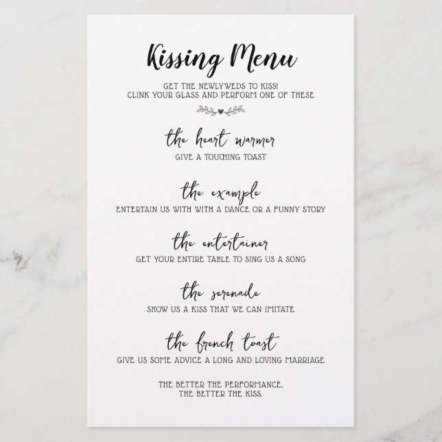 Bröllop Kissing Menu Calligraphy Black & White (Framsida)