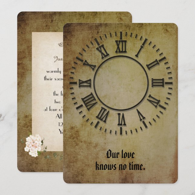 bröllop klocka utan händer inbjudan (Fram/baksida)